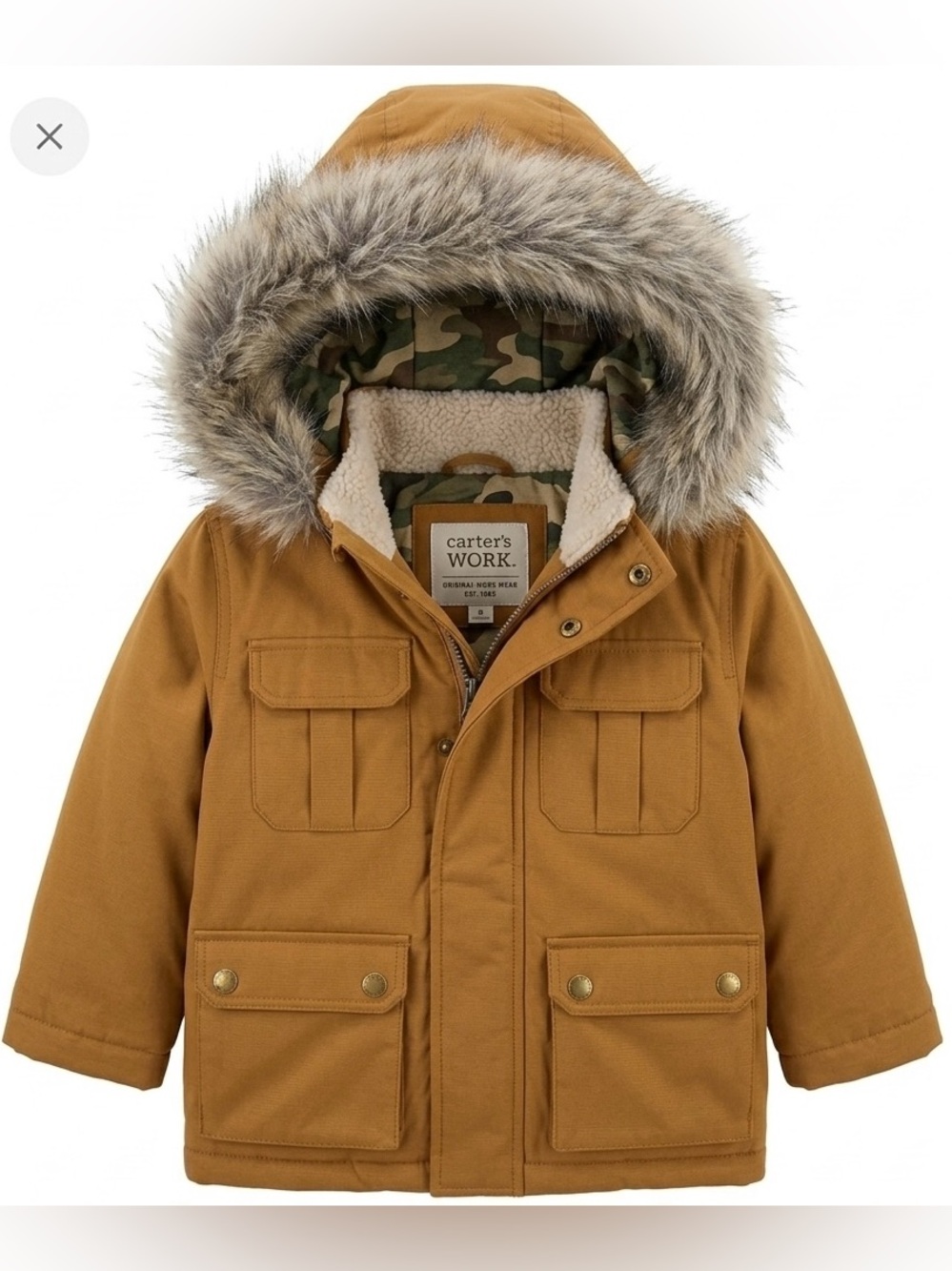 Carter's Boys Brown Hooded Parka with Faux Fur Trim - winter cold gear - 24m